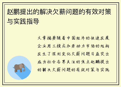 赵鹏提出的解决欠薪问题的有效对策与实践指导 赵鹏提出的解决欠薪问题的有效对策与实践指导